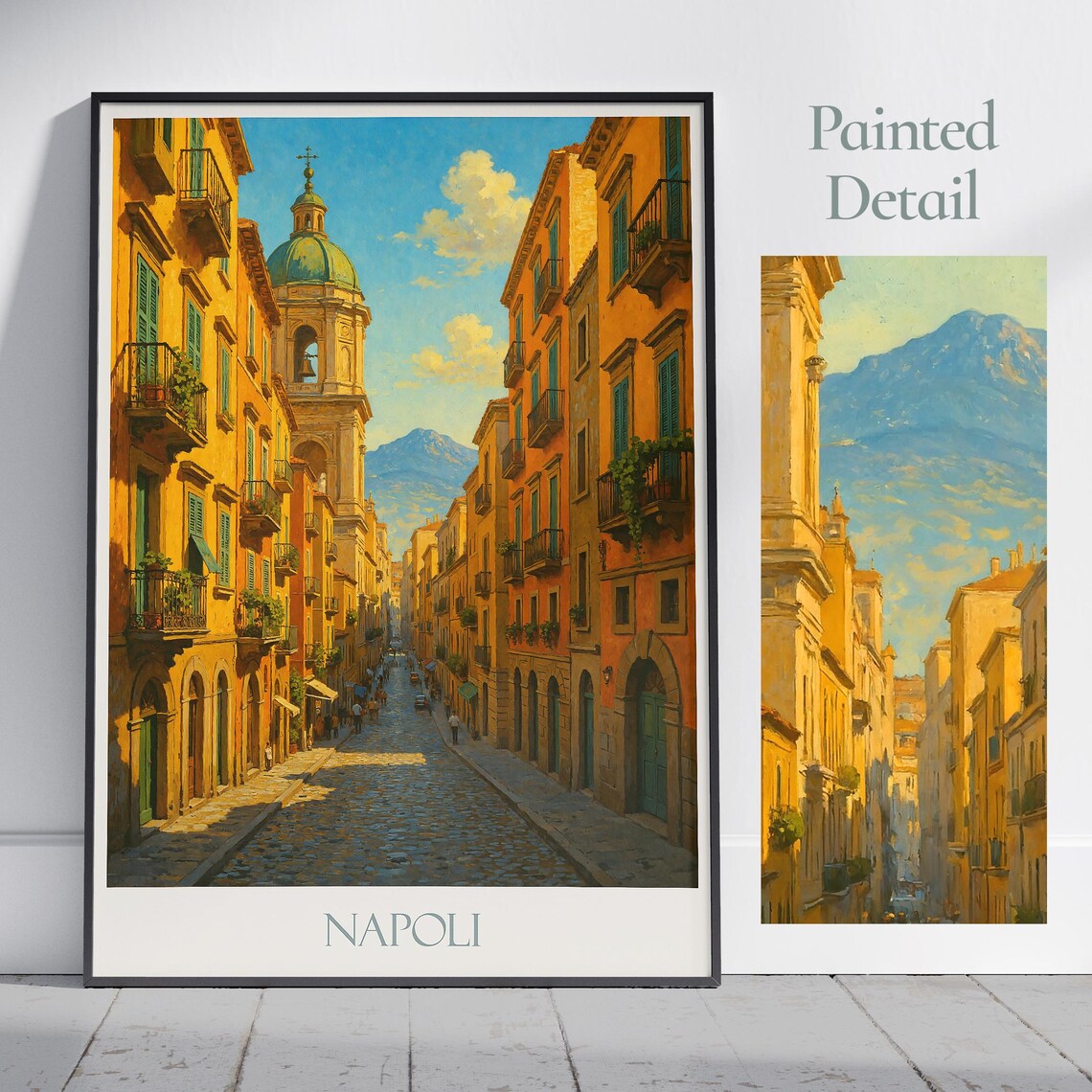 Napoli Italy Historic Street Church Dome Painted View Travel Poster