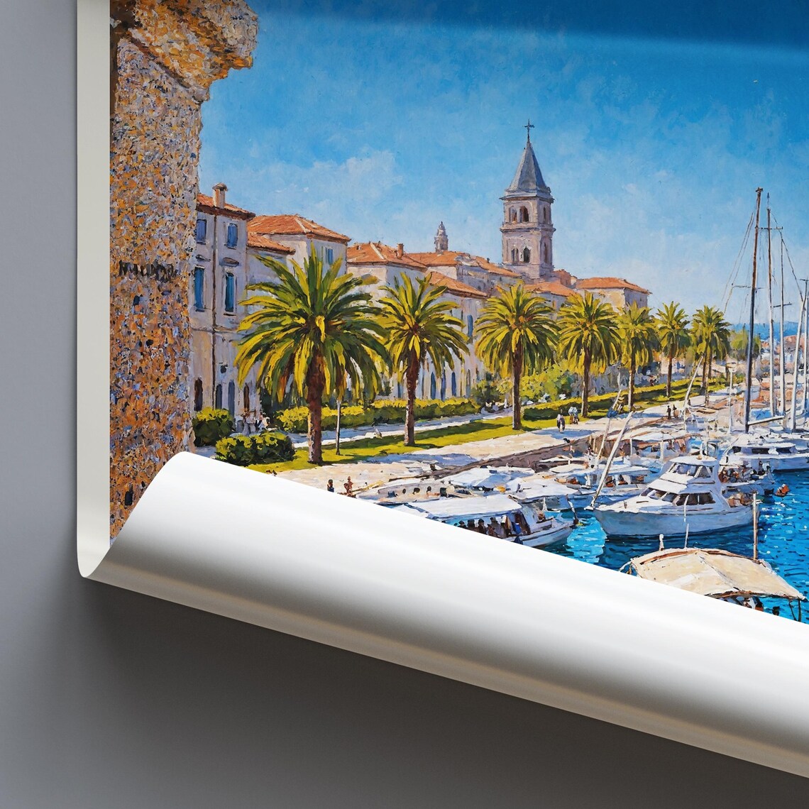 Trogir Croatia Palm Lined Promenade Marina Boats Painted Travel Poster