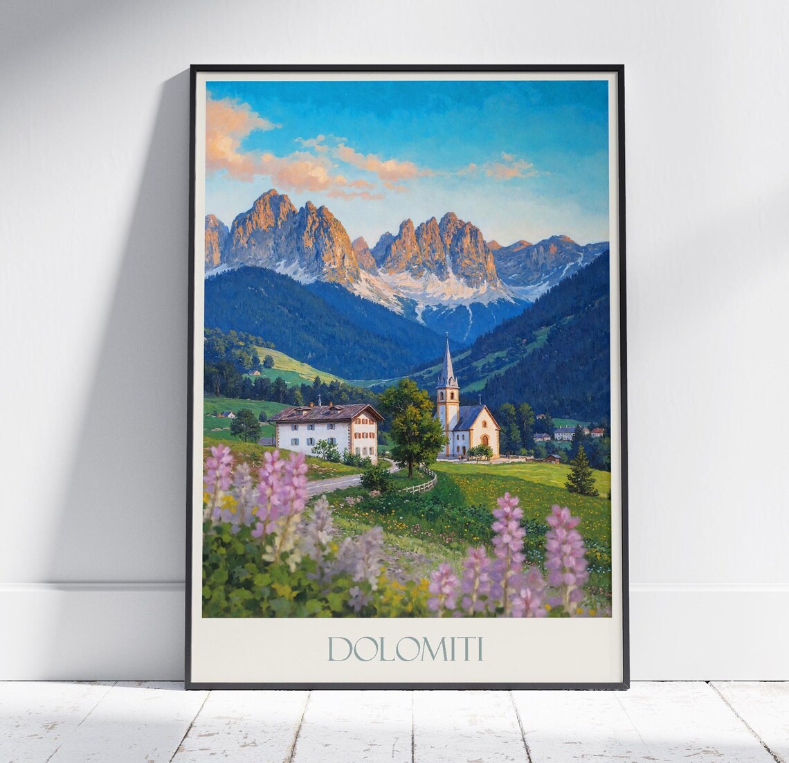 Dolomites Italy Alpine Village Church Golden Valley Sunset Poster