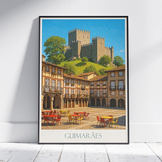 Guimaraes Portugal Castle Town Square Vintage Travel Art Poster