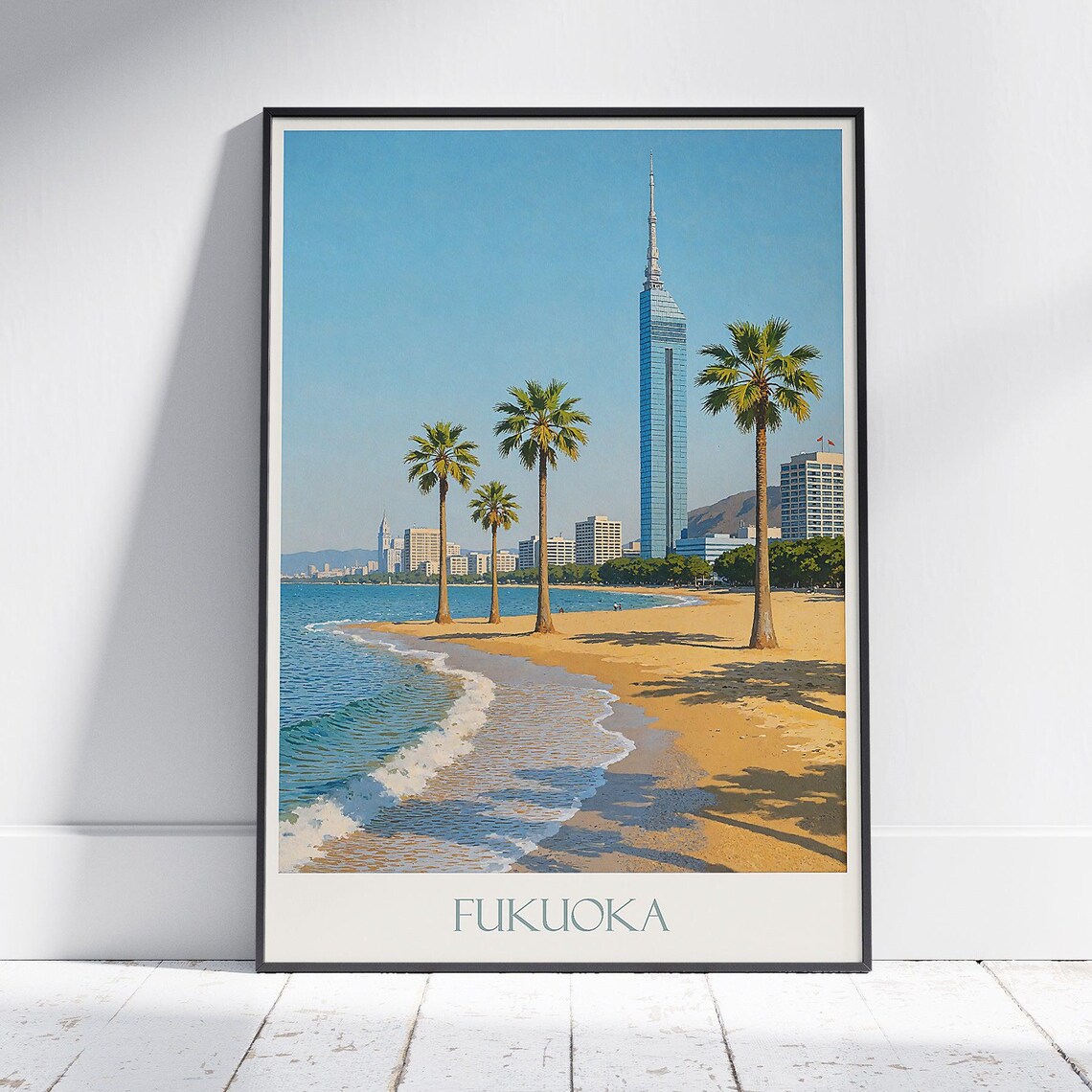 Fukuoka Momochi Beach Palm Trees Fukuoka Tower Travel Poster