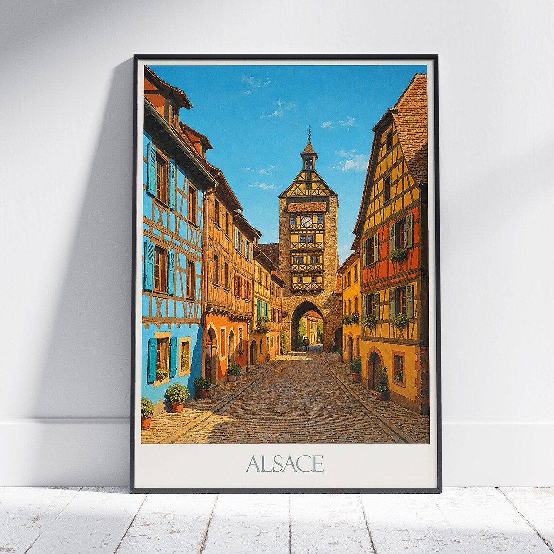 Alsace France Half Timbered Village Clock Tower Travel Poster