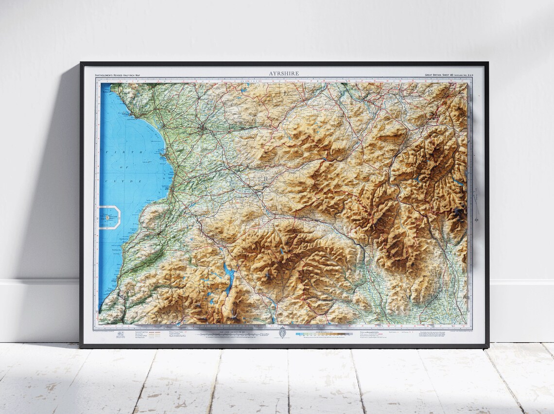 Ayrshire Scotland Vintage Shaded Relief Map Atlas Style Poster