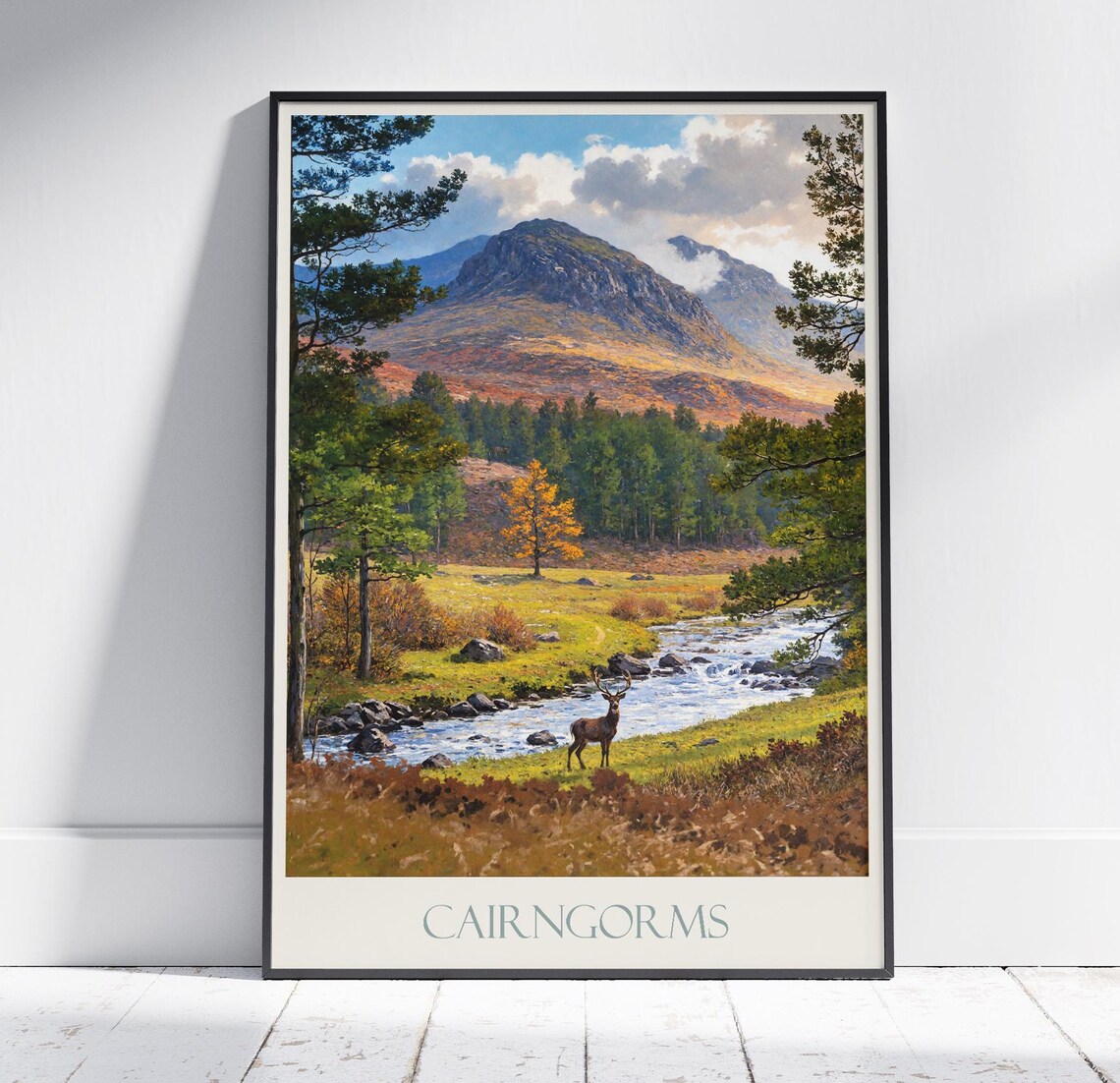 Cairngorms Scotland Stag Stream Autumn Mountain Travel Poster