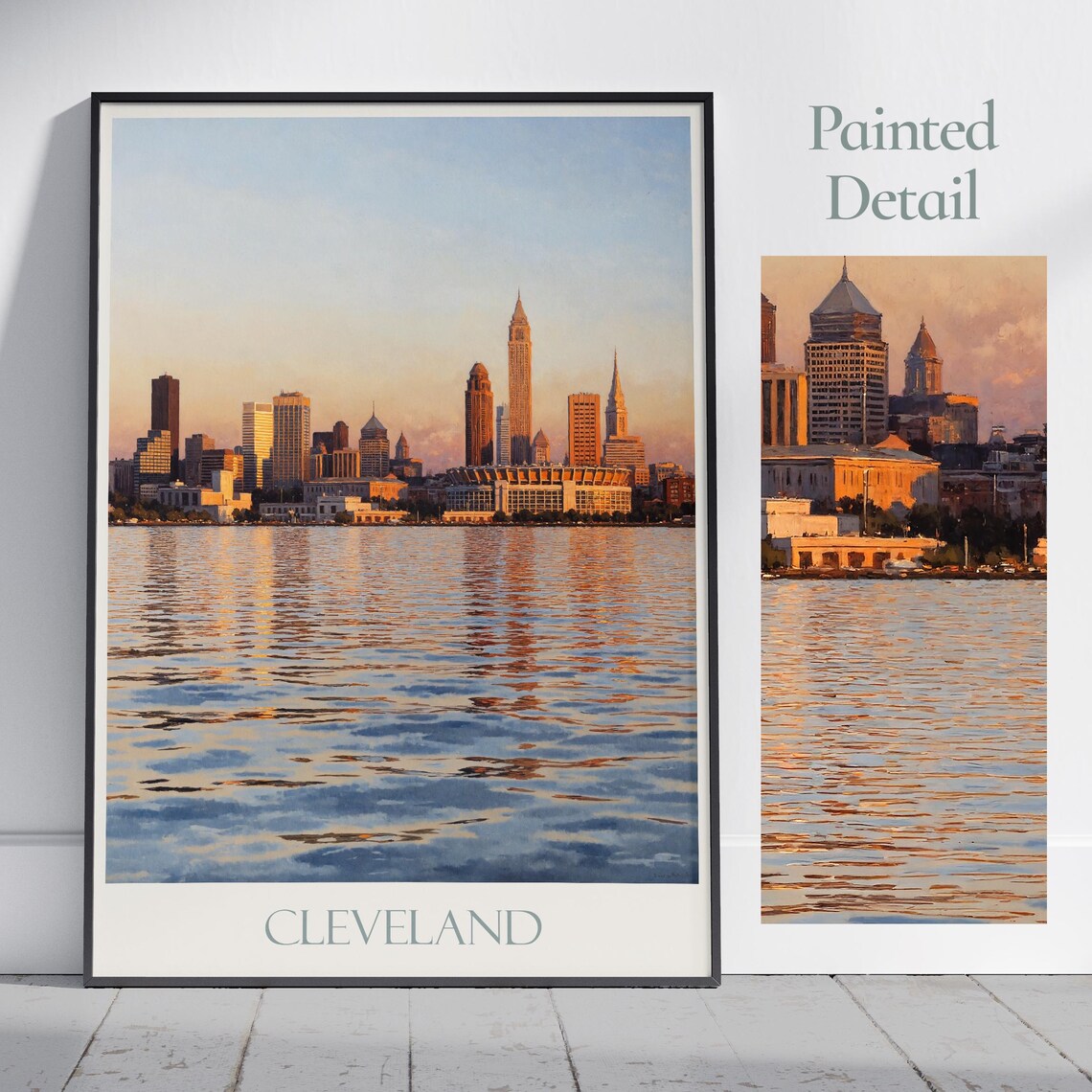 Cleveland Ohio Sunset Skyline Over Lake Erie Water Travel Poster