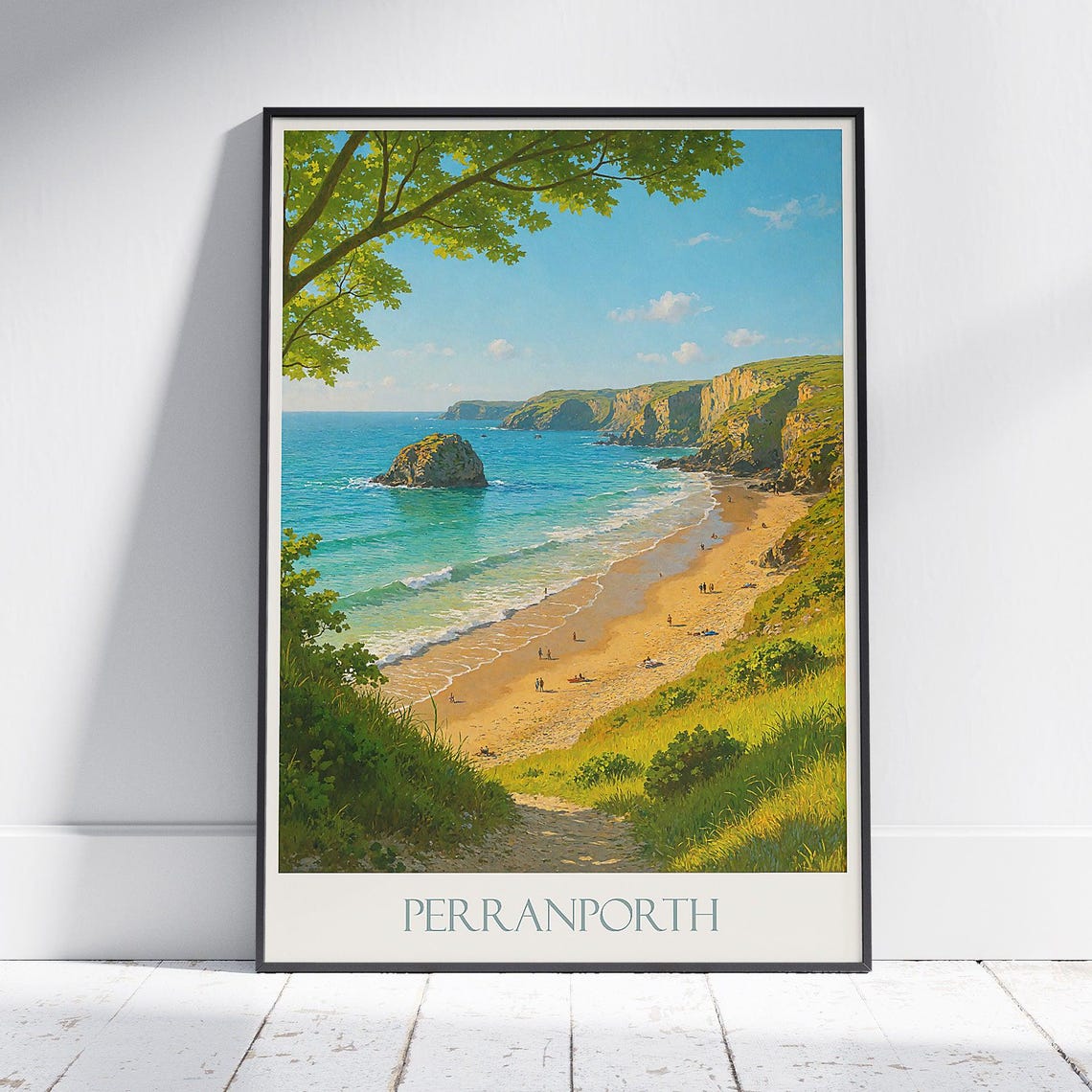 Perranporth Cornwall Beach Vintage Travel Poster Cliffs View