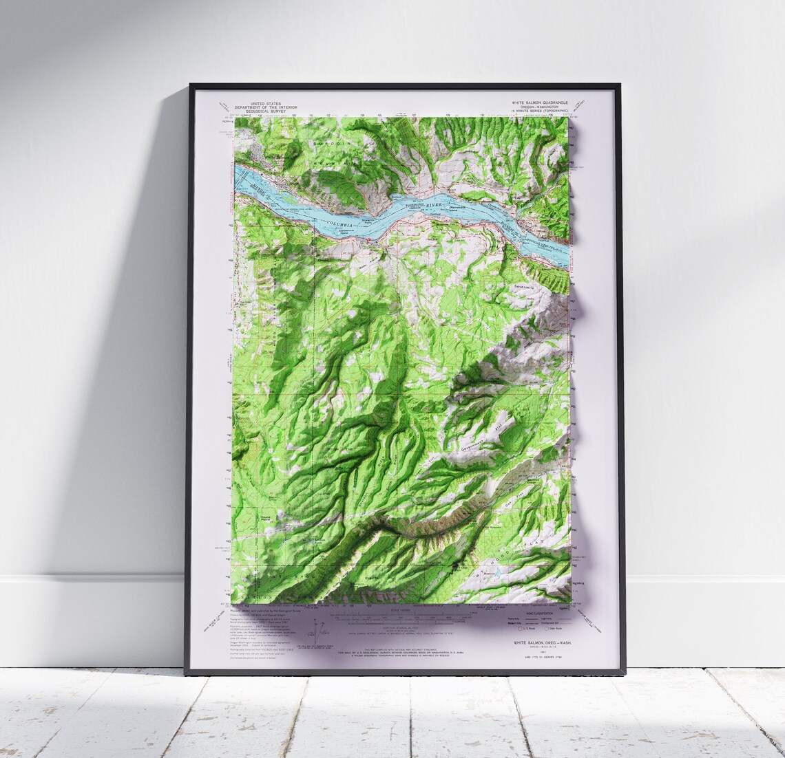 White Salmon Columbia River Vintage Shaded Relief Map Poster