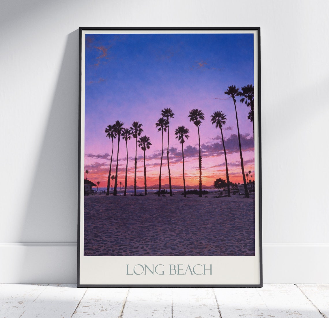 Long Beach California Sunset Palm Trees Beach Painted Poster