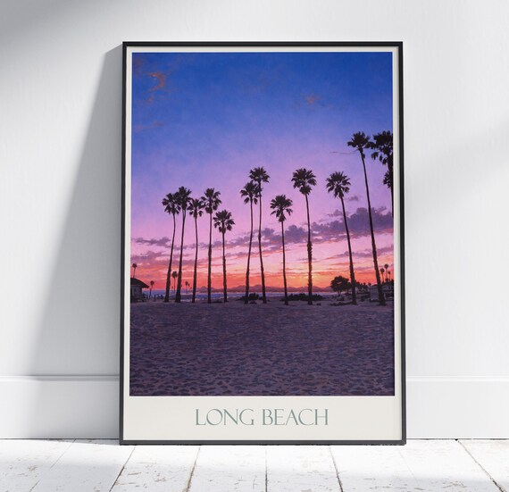 Long Beach California Sunset Palm Trees Beach Painted Poster