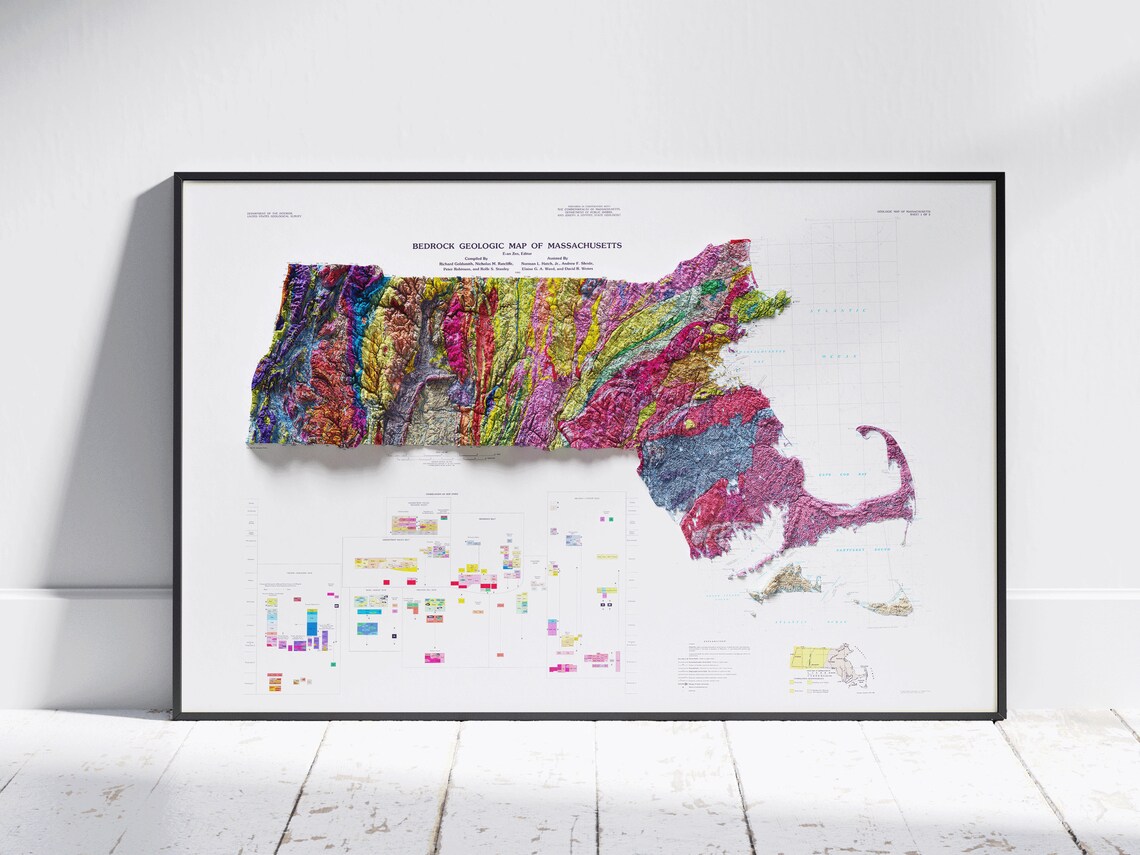 Massachusetts Geological Flat 2d Shaded Map Print Poster Wall Art Decor Topographic