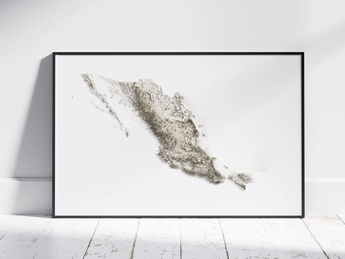 Mexico Minimalist Grayscale Shaded Relief Topographic Map Print