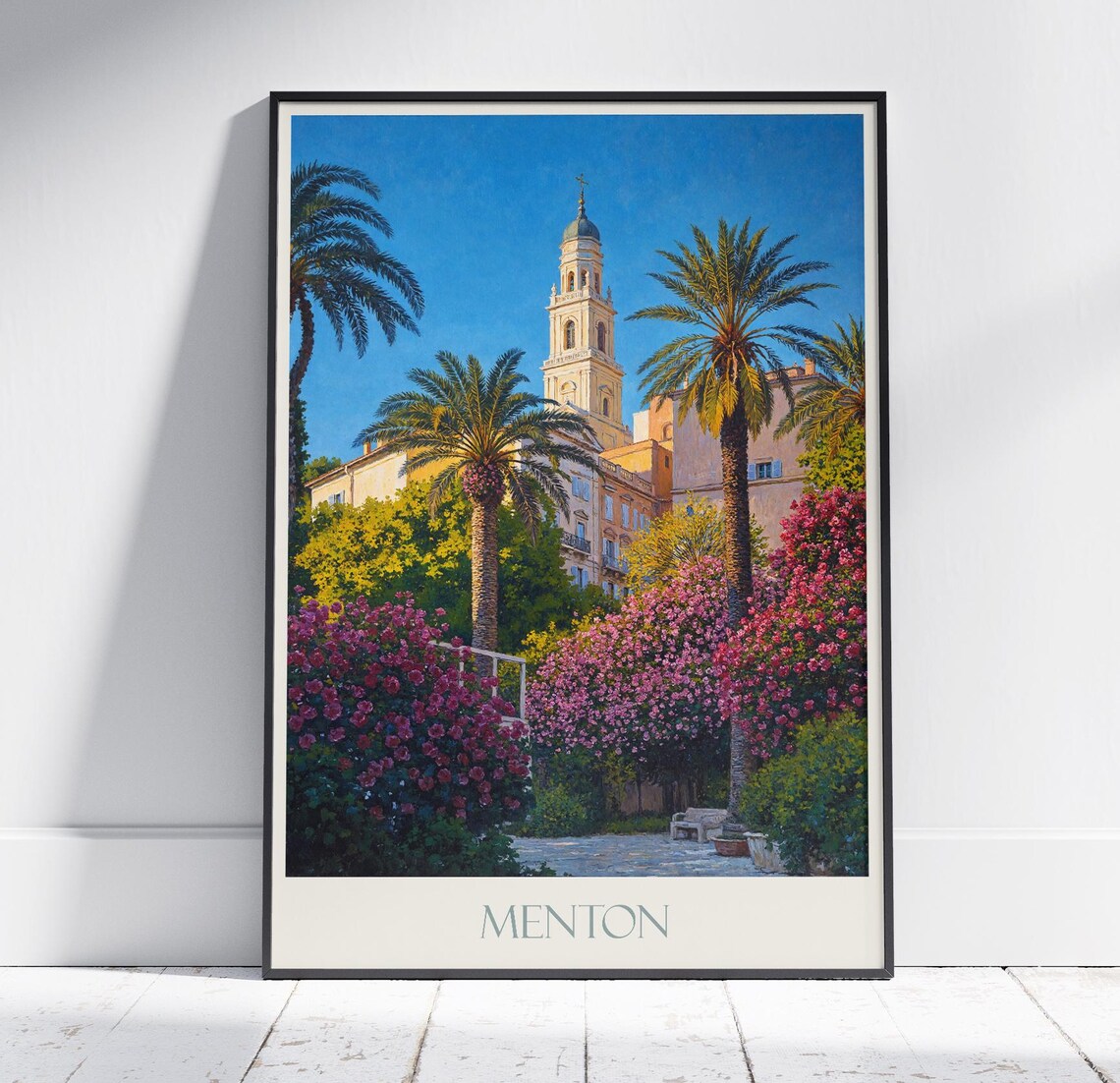 Menton France Riviera Bell Tower Palms Bougainvillea Travel Poster