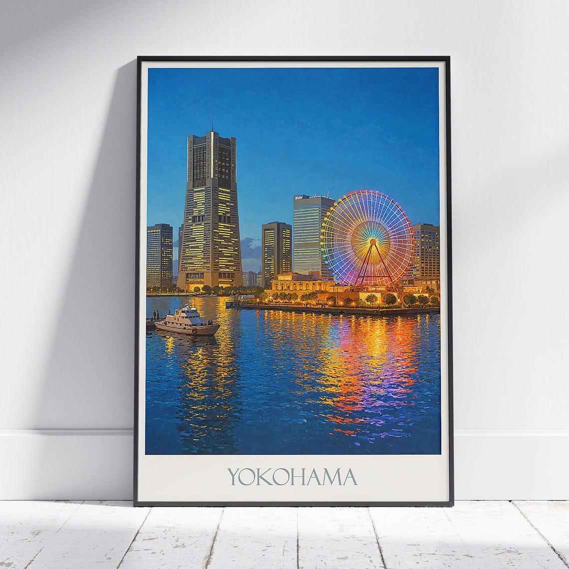 Yokohama Night Skyline Ferris Wheel Harbor Lights Japan Poster