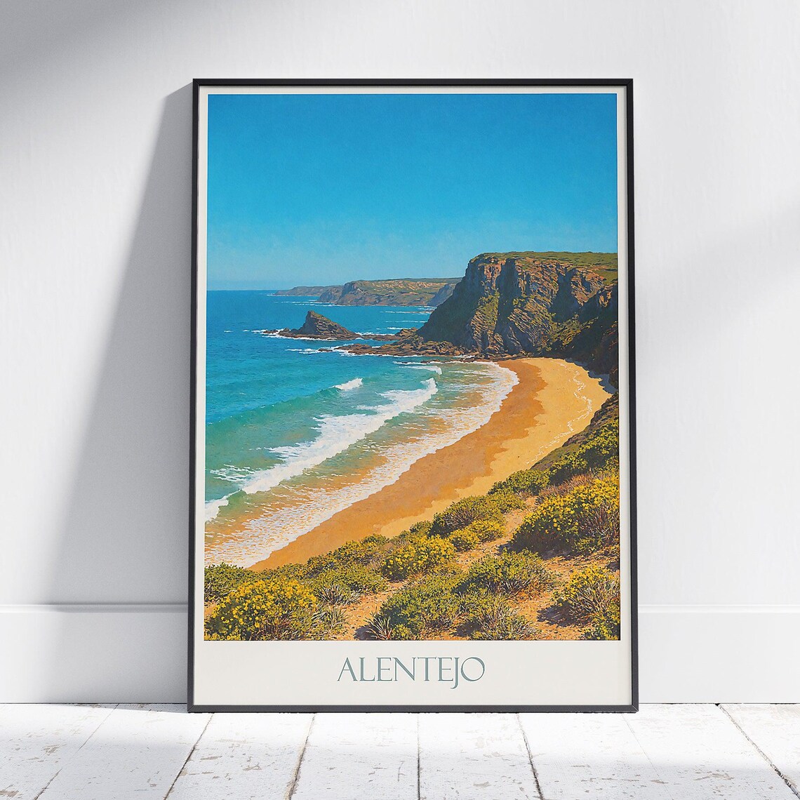 Alentejo Portugal Golden Beach Cliffs Atlantic Coast Travel Poster