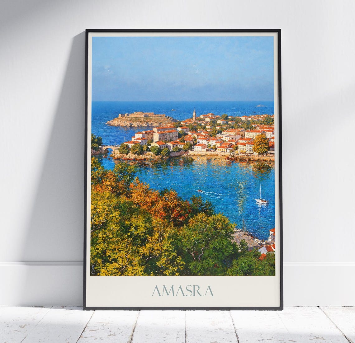 Amasra Turkey Coastal Town Harbor Fortress Painted Travel Poster