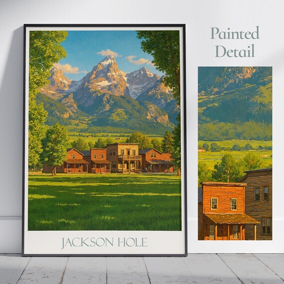 Jackson Hole Wyoming Travel Poster Grand Teton Mountains Western Town Art