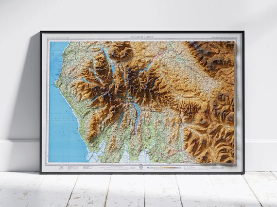 Lake District Vintage Map Flat 2d Shaded Print Poster Wall Art Decor Windermere Scafell Pike Whitehaven Derwent Westmorland