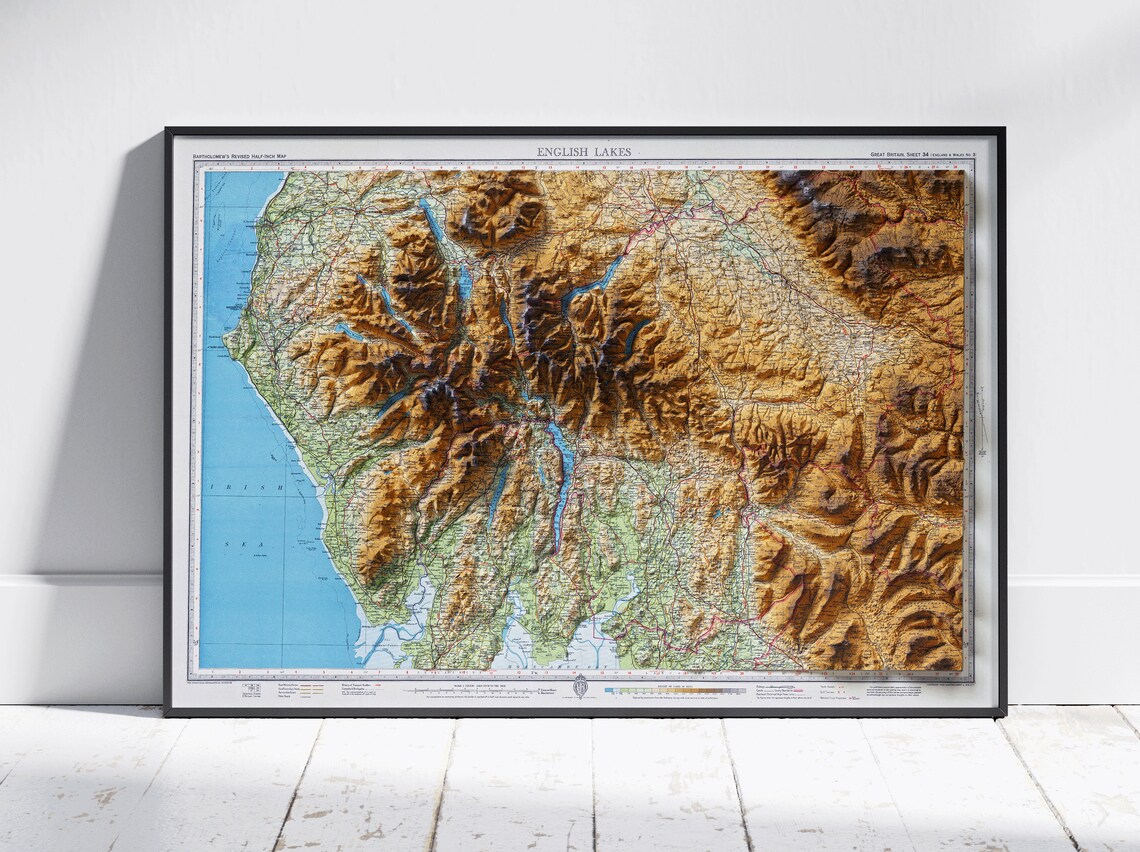 English Lakes Vintage Shaded Relief Topographic Map Art Poster