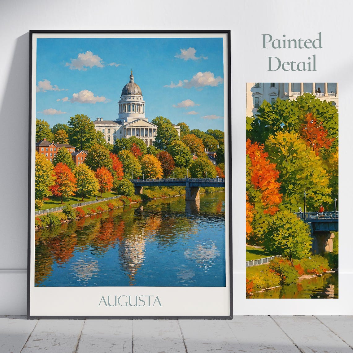 Augusta Maine State House Autumn River Bridge Fall Travel Poster