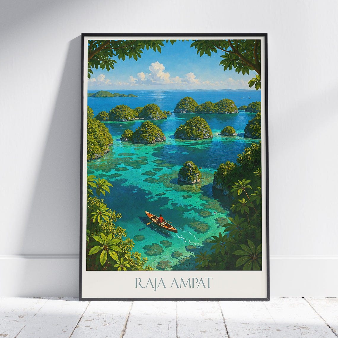 Raja Ampat Turquoise Lagoon Islands Canoe Indonesia Travel Art Poster