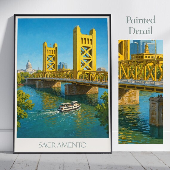 Sacramento California Tower Bridge Riverboat Painted Travel Poster