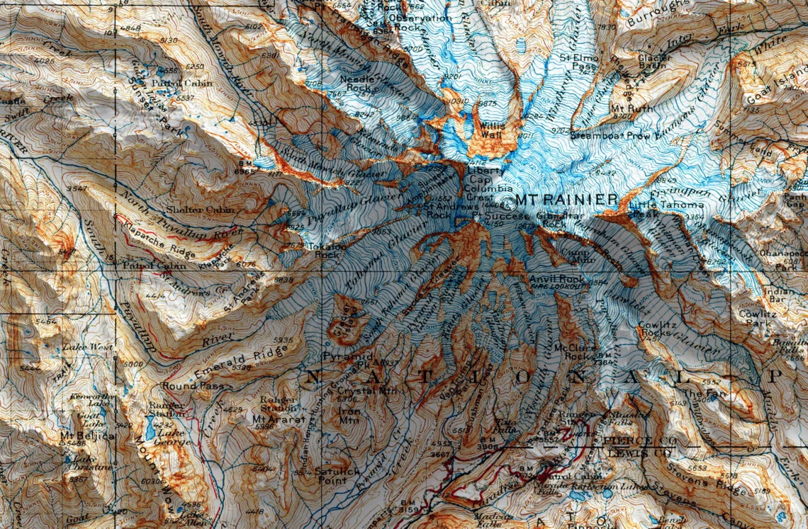 Mount Rainier Vintage Shaded Relief Topographic Map Art Print - Image 3