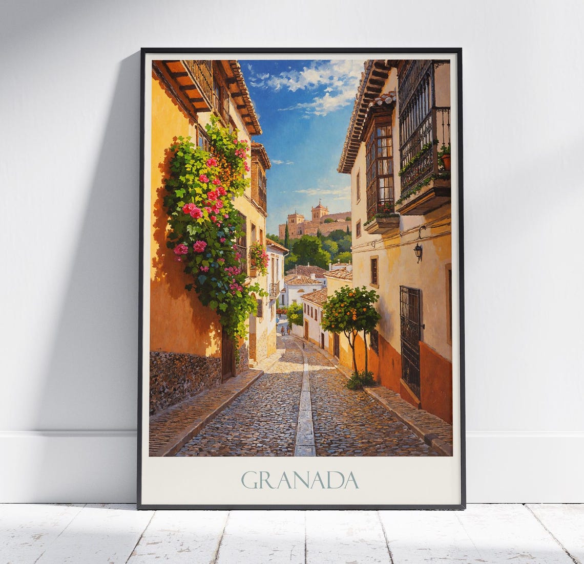 Granada Spain Flowered Old Street Alhambra Painted Travel Poster