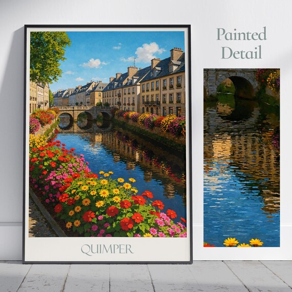 Quimper France Flower Lined River Old Town Painted Travel Poster
