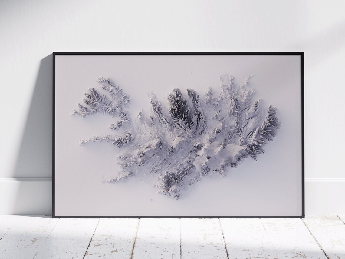 Iceland Flat 2D Shaded Relief Topographic Map Poster