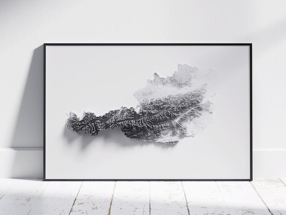 Austria Topographic Relief Map Minimalist Black And White Wall Art