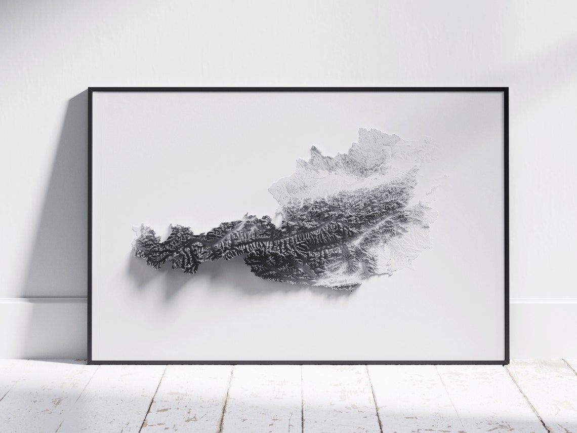 Austria Topographic Relief Map Minimalist Black And White Wall Art