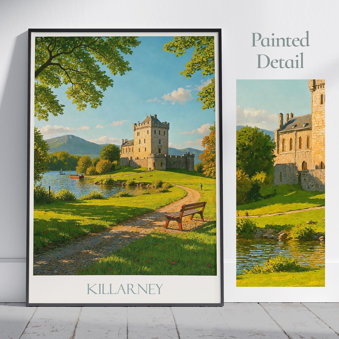 Killarney Castle Lakeside Golden Painting Vintage Travel Poster