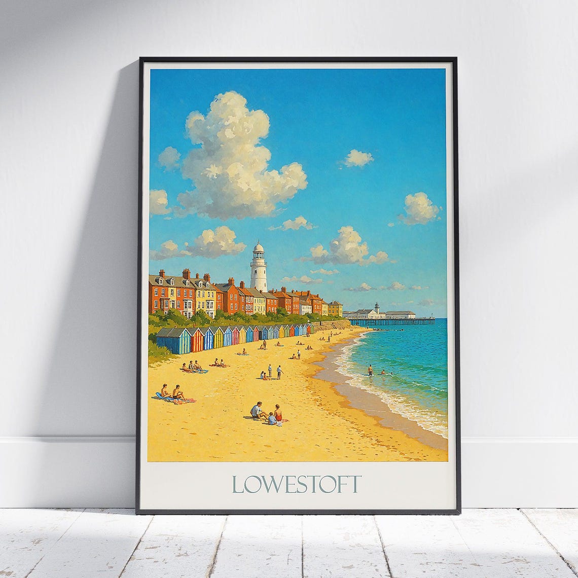 Lowestoft Beach Huts Lighthouse Suffolk Coastal Travel Poster