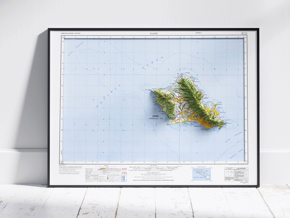 Oahu Hawaii Vintage Topographic Shaded Relief Island Map Art Print