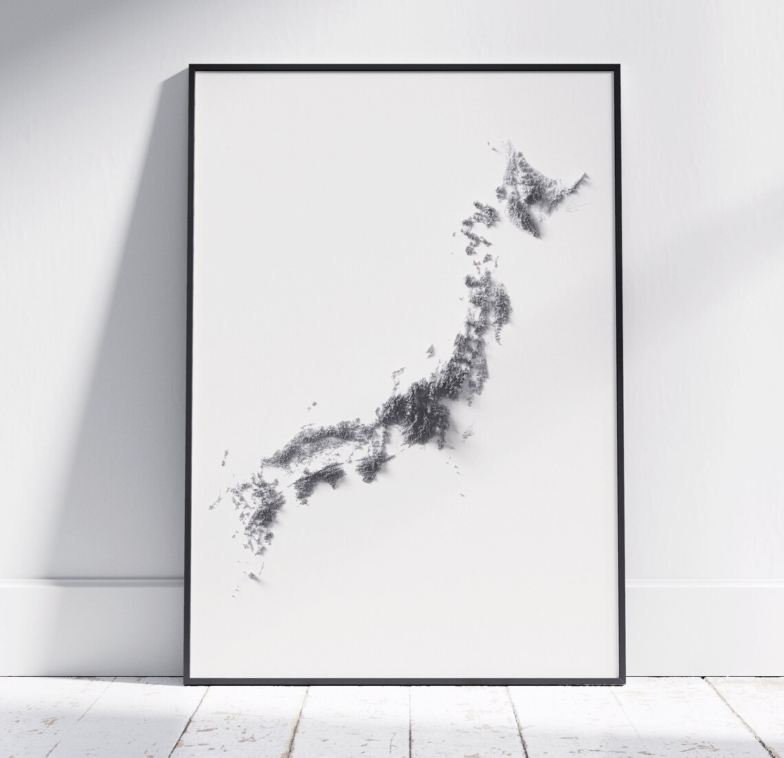 Japan Minimalist Black White Topographic Shaded Relief Map Poster