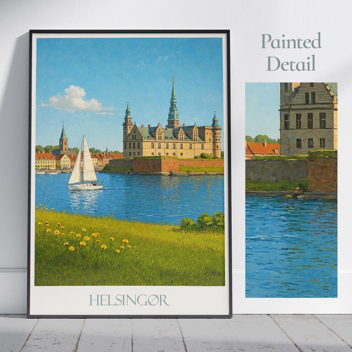 Helsingør Denmark Kronborg Castle Painted Poster Sailboat Harbor