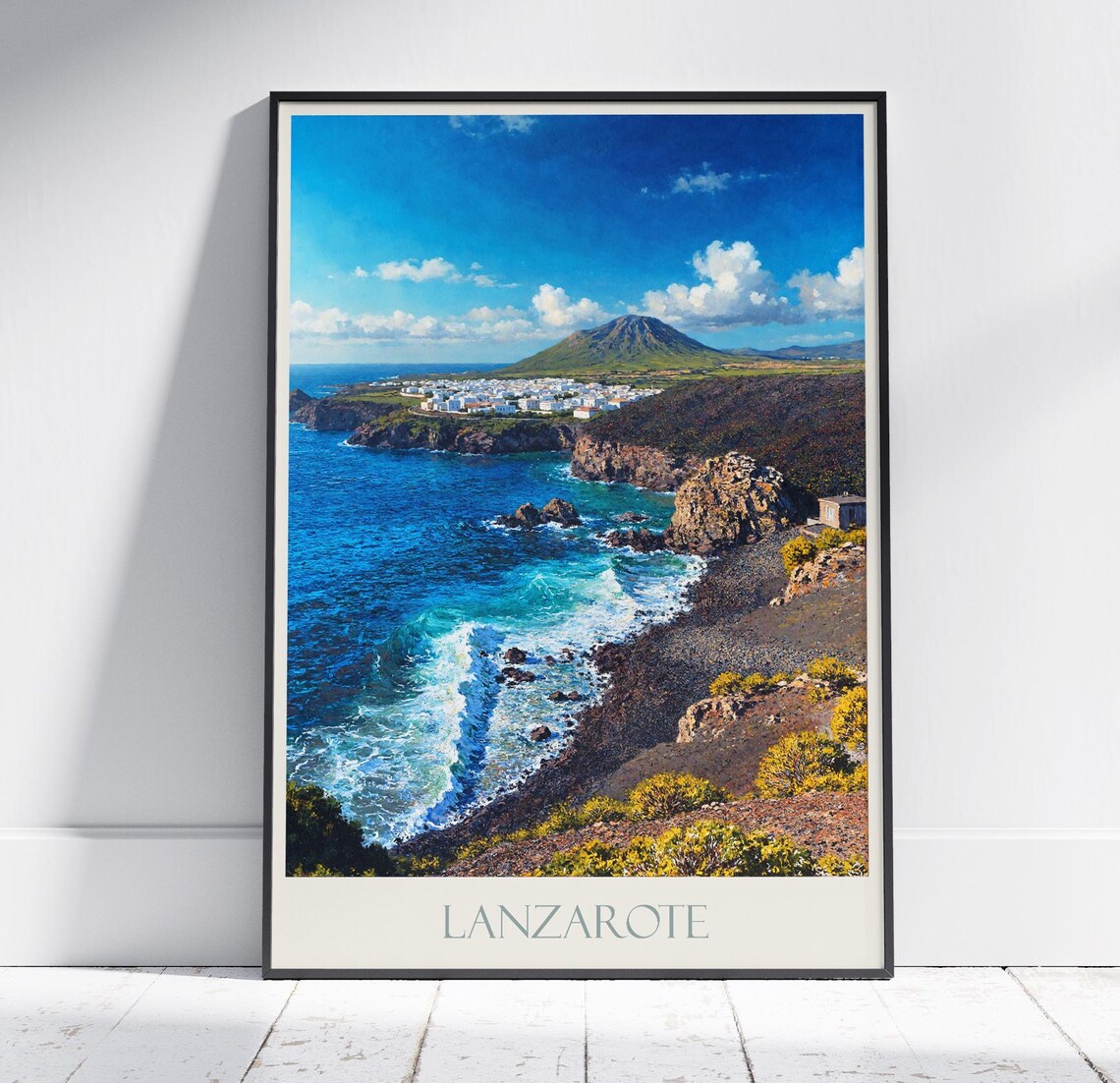 Lanzarote Spain Volcanic Coast Black Sand Beach Travel Poster
