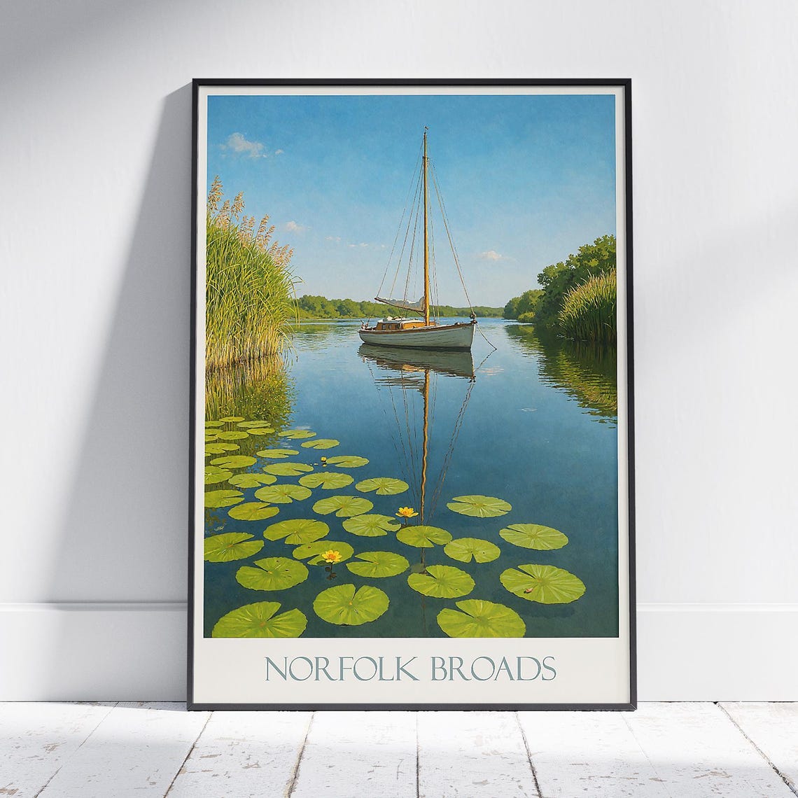 Norfolk Broads Sailboat Lily Pond England Summer Travel Poster
