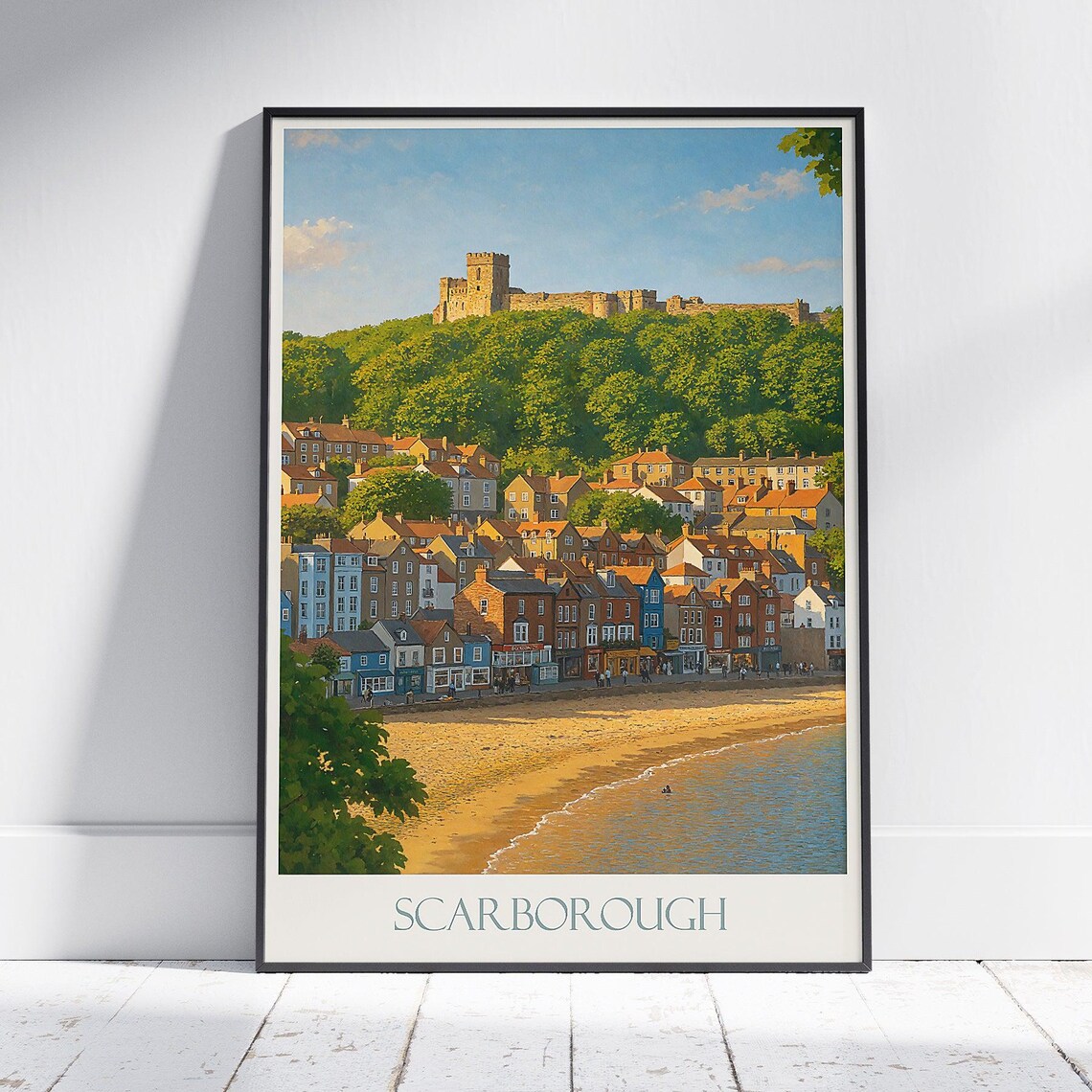 Scarborough Castle Headland Colorful Harbor Town Beach Poster