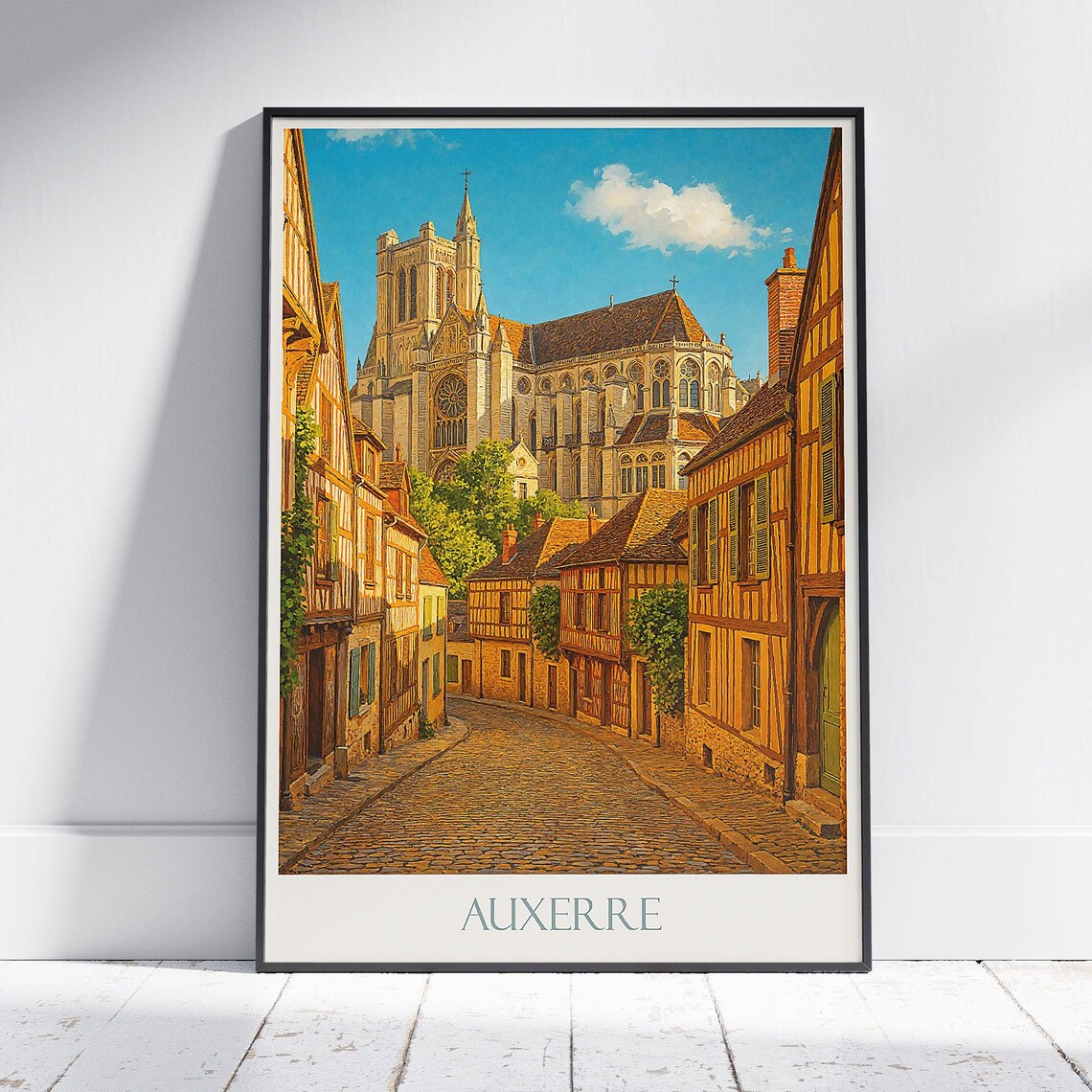 Auxerre Cathedral and Old French Street Vintage Travel Poster
