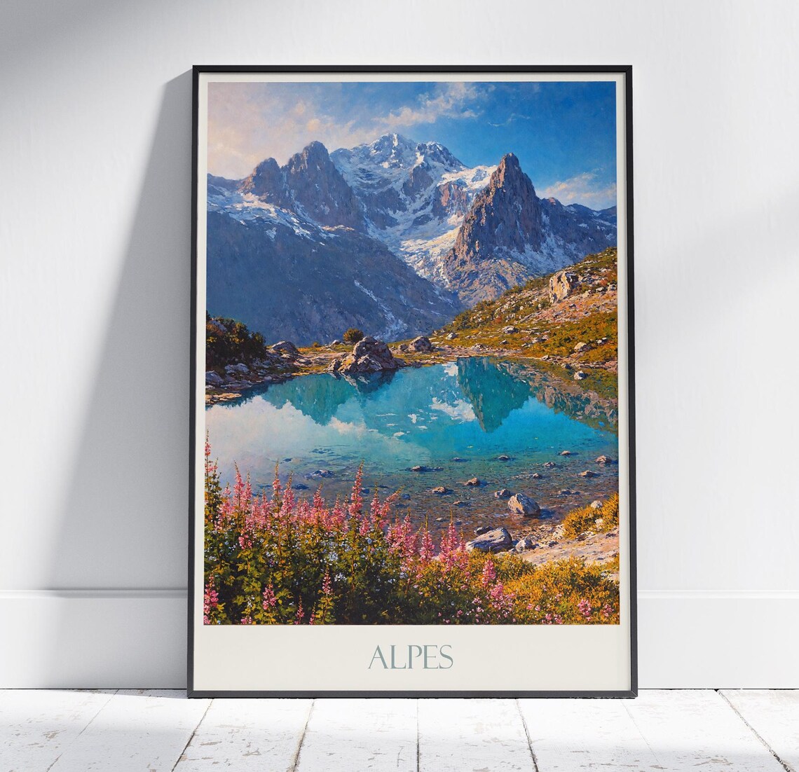 Alpes Snow Capped Peaks Mountain Lake Reflection Travel Poster