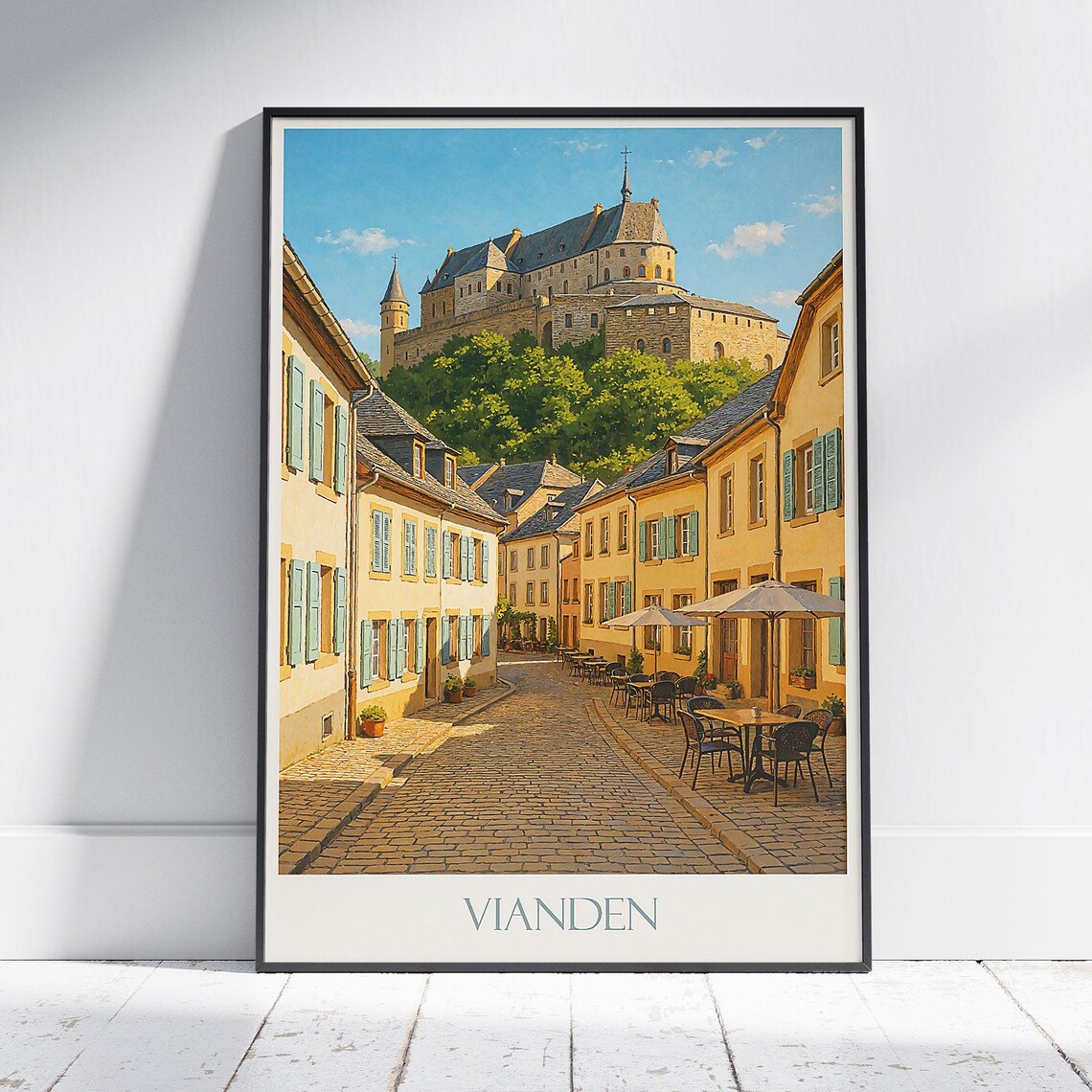 Vianden Luxembourg Castle Old Town Cobbled Street Sunny Travel Poster