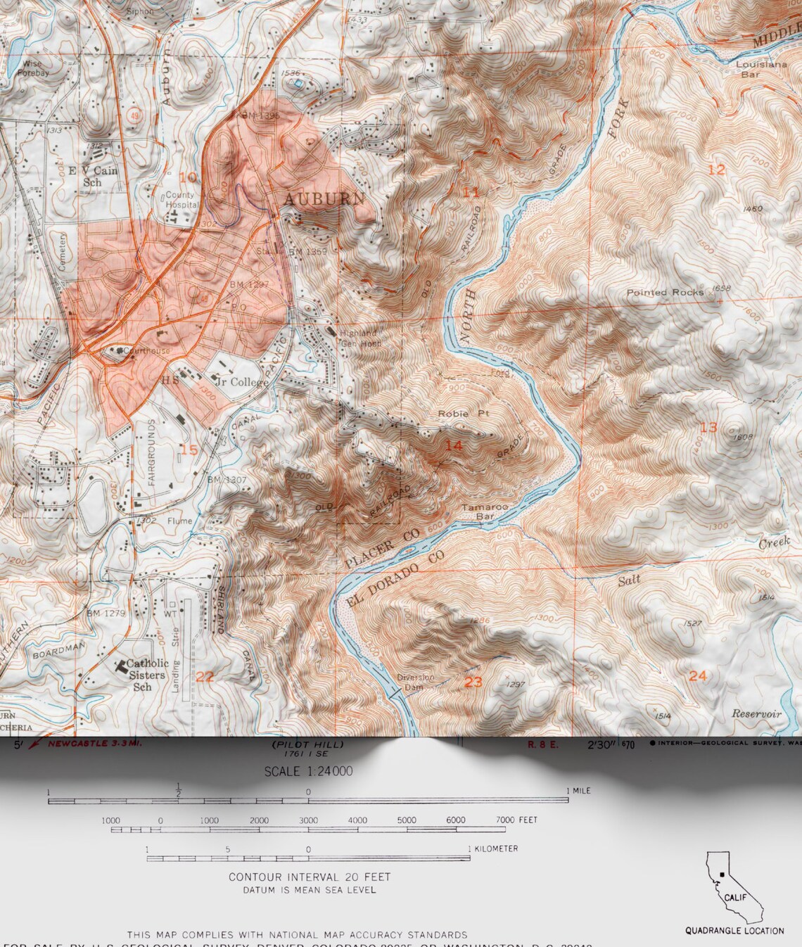 Auburn California Vintage USGS Shaded Relief Topographic Map Poster - Image 3