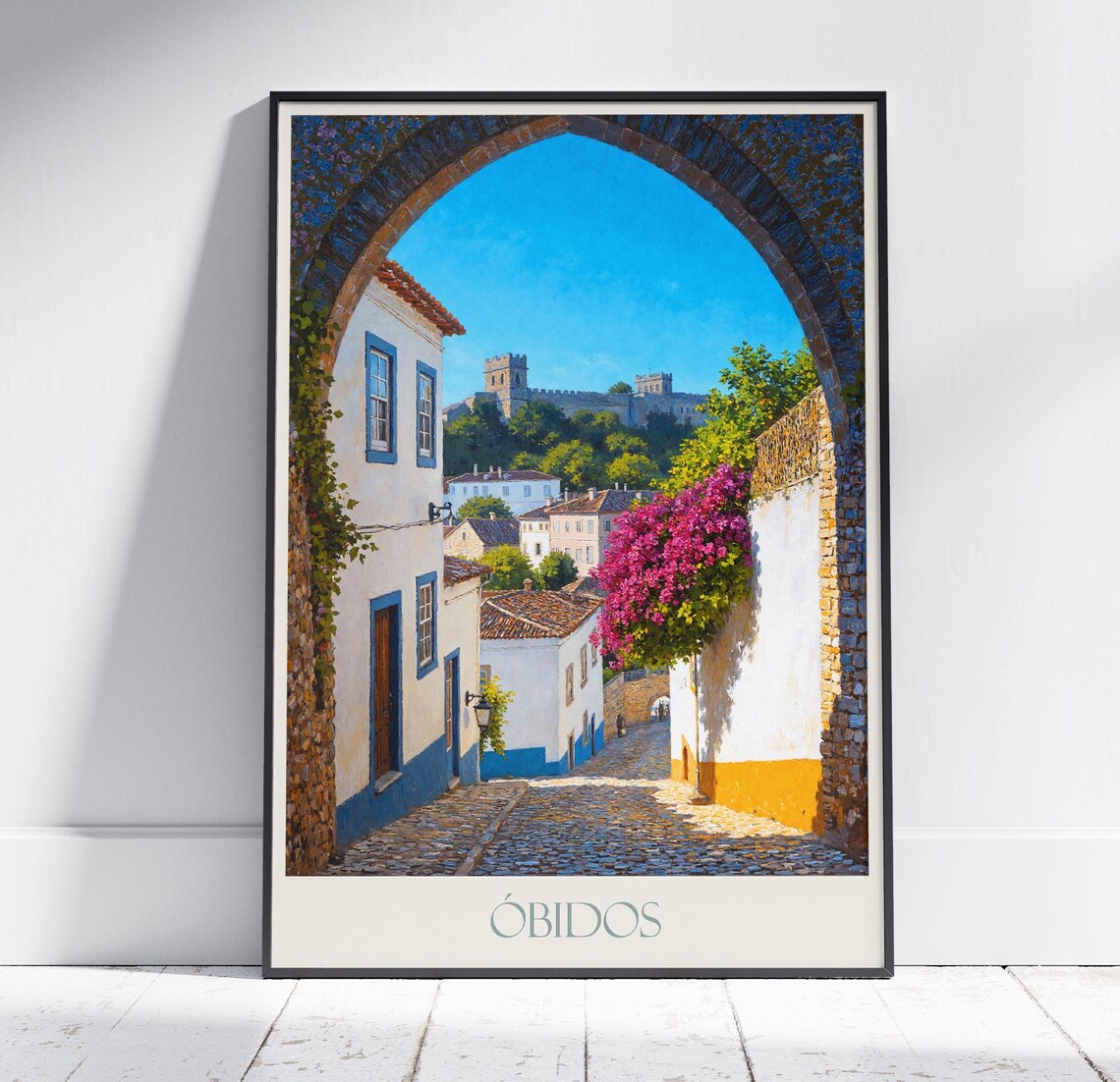 Obidos Portugal Castle Walls Bougainvillea Lane Painted Travel Poster