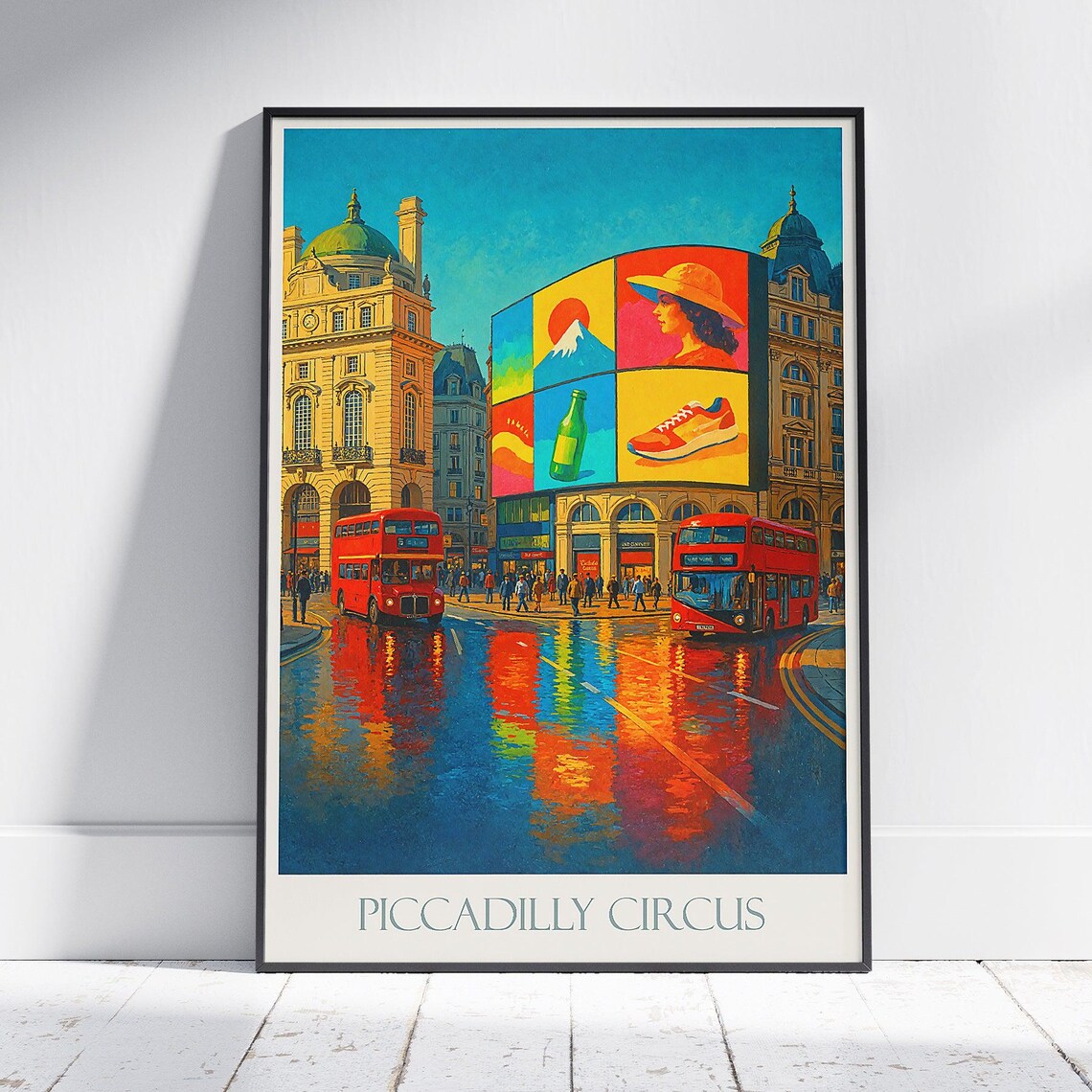 Piccadilly Circus London Travel Poster Red Buses Neon Billboards Wet Streets