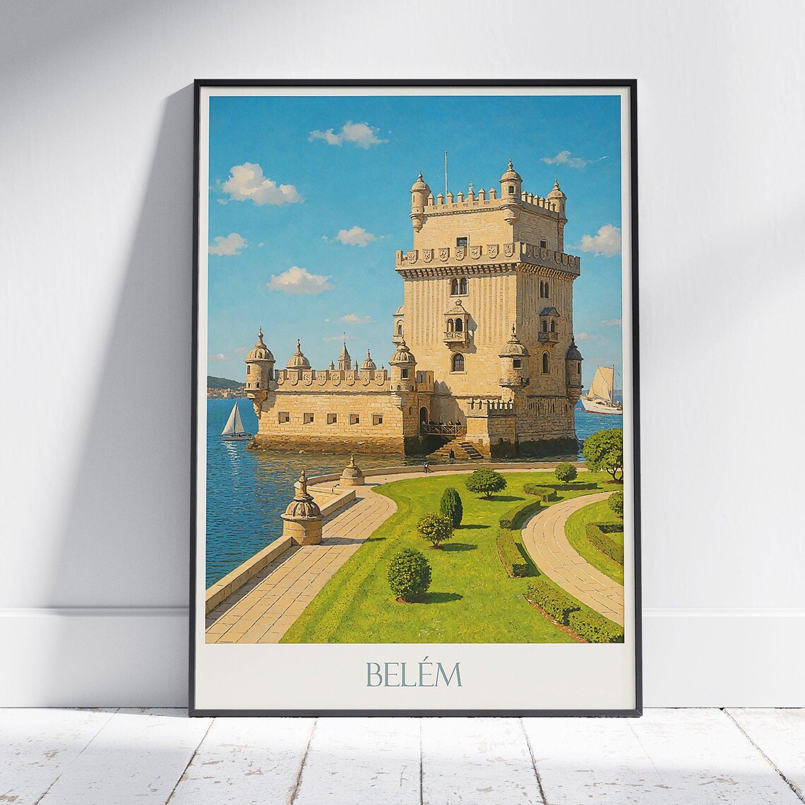 Belem Tower Lisbon Portugal Riverfront Landmark Vintage Travel Poster