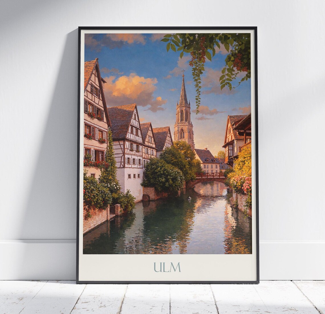 Ulm Germany Canal Half Timbered Sunset Painting Travel Poster
