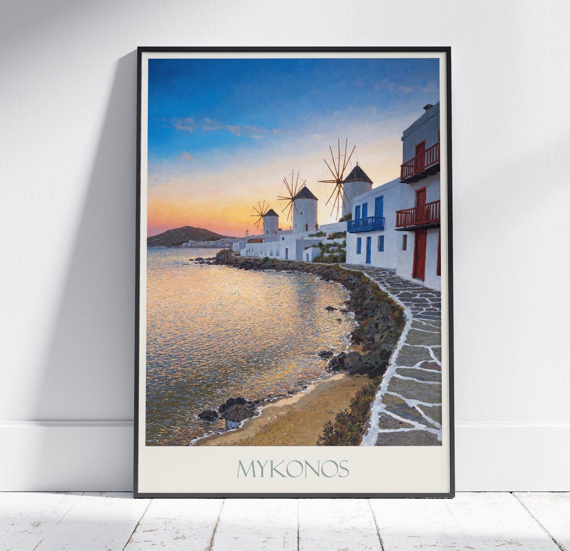 Mykonos Greece Windmills at Sunset Waterfront Travel Poster Art