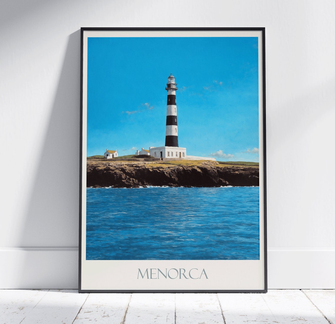 Menorca Striped Lighthouse Painted Rocky Coastal Cliffs Spain Poster