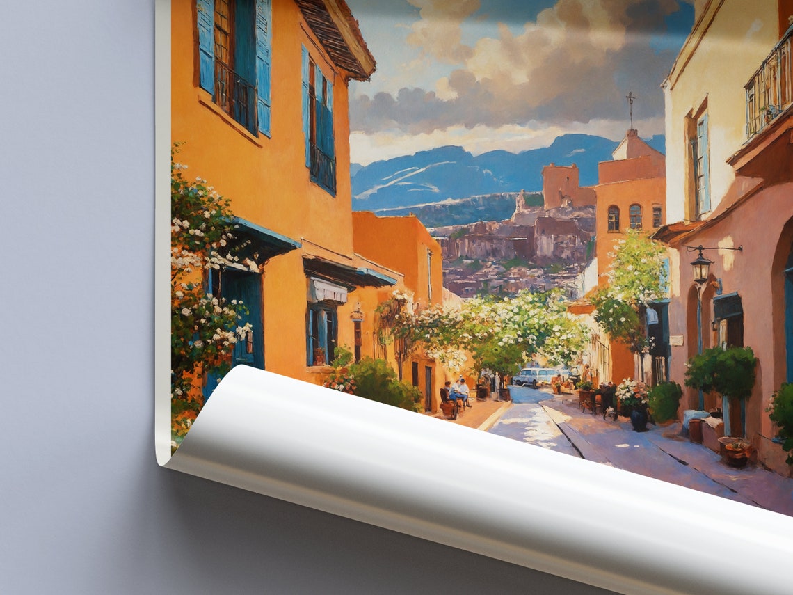 Santa Fe New Mexico Adobe Street Blue Doors Mountains Painted Poster - Image 3